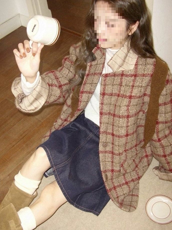 复古红色格纹拼接毛呢大衣冬季西装上衣韩系厚外套西服宽松感