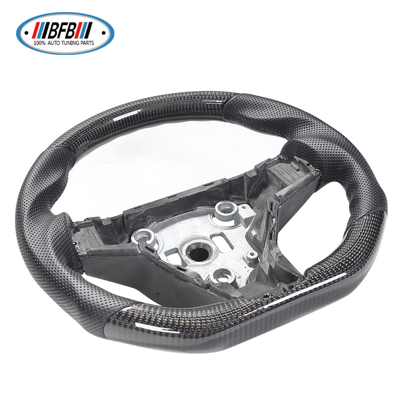 100% Real Carbon Fiber Glossy Black Perforated Steering Wheel Cover - For Tesla Model 3 Y - Black Leather Stitching Modification