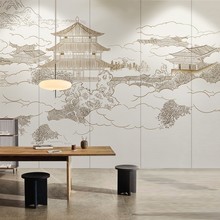 新中式阁楼塔浮雕包间竹木纤维护墙板书房茶室酒楼背景墙集成墙板