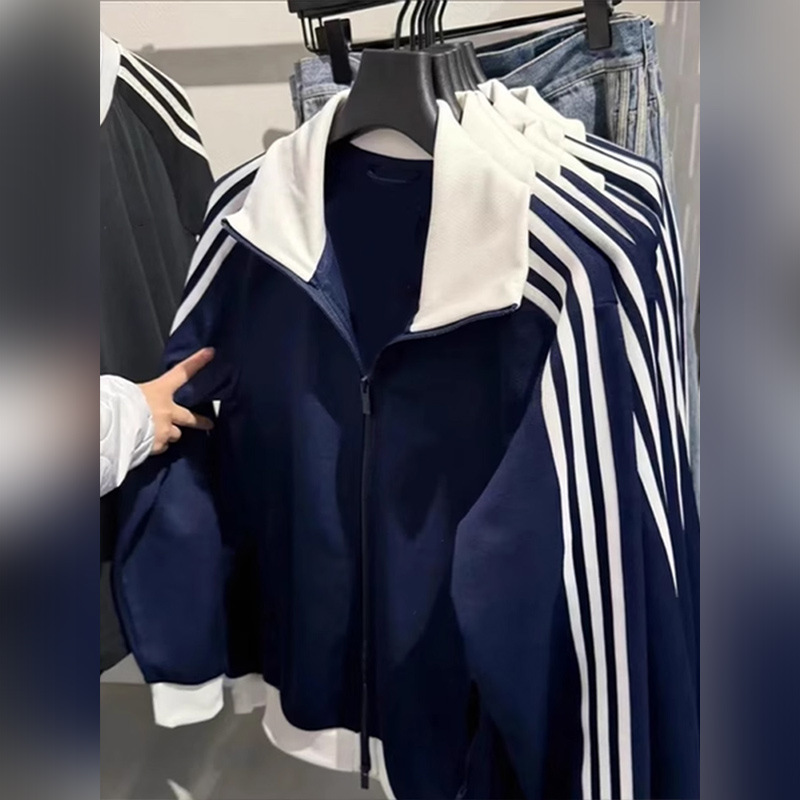 Three-Stripe Jacket for Women, New Spring Style, Petite Korean-Style Sports Cardigan, Casual Stand-Up Collar Top, Loose Sweatshirt