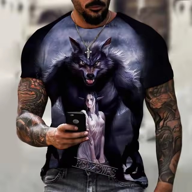 2024 moda casual suelto cuello redondo manga corta transpirable camiseta de hombre personalidad lobo malvado spot de impresión digital 3D