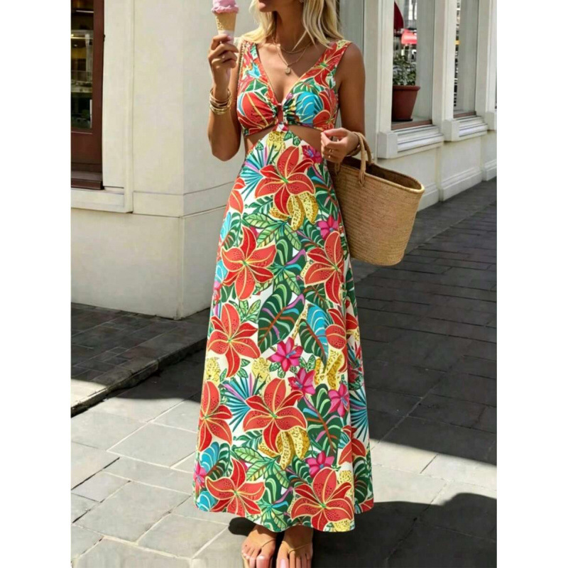 Cross-Border European-Style Vacation Dress with Tropical Floral Print, Cut-Out Back Tie Design, Backless V-Neck Long Dress for Women
