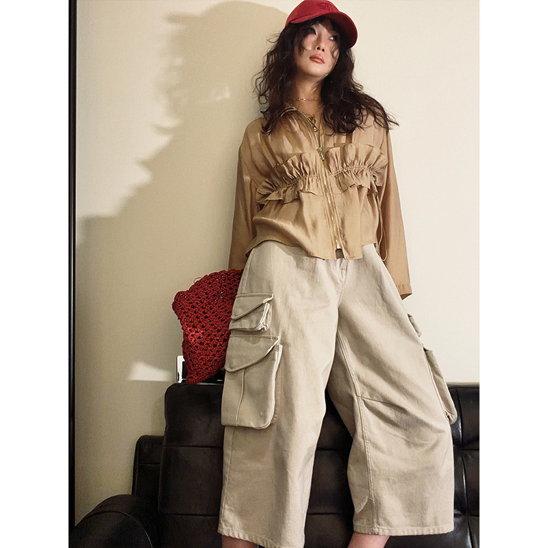Designer Women's Clothing, All-Cotton Casual Multi-Pocket High-Waisted 7/8 Pants