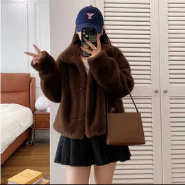 金貂绒仿水貂皮大衣皮毛一体立领短款环保皮草女冬季毛毛外套新品