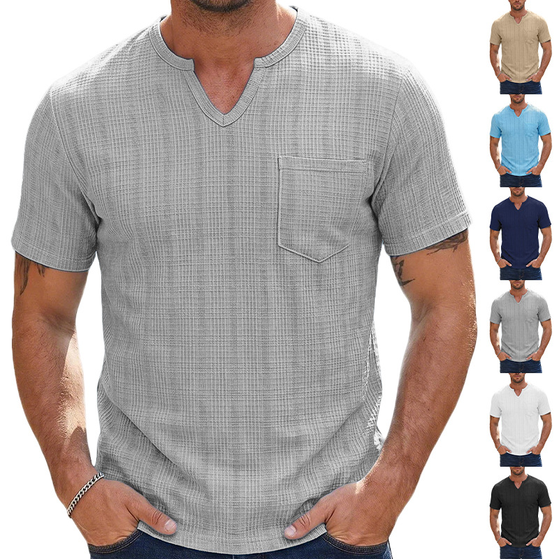 Transfronterizo Amazon hombre de verano imitación de lino de cuello V camiseta de color sólido europea y americana transpirable gran tejido americano de manga corta