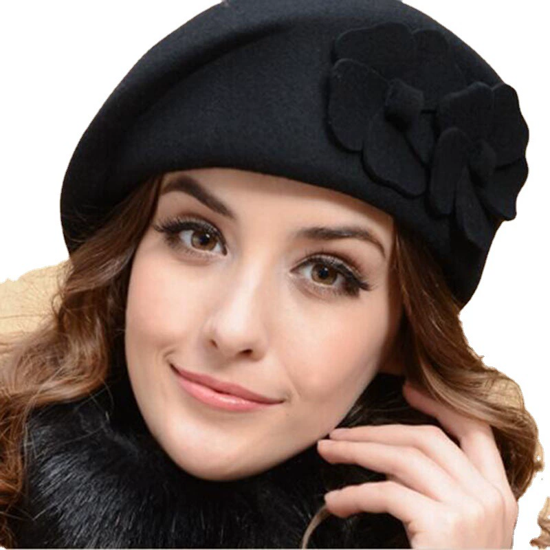 Winter woolen beret, hat, flowered, wholesale