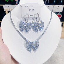 时尚潮流锆石奢华项链耳环白蝴蝶结套装ins直播爆款佩戴裙装佩戴