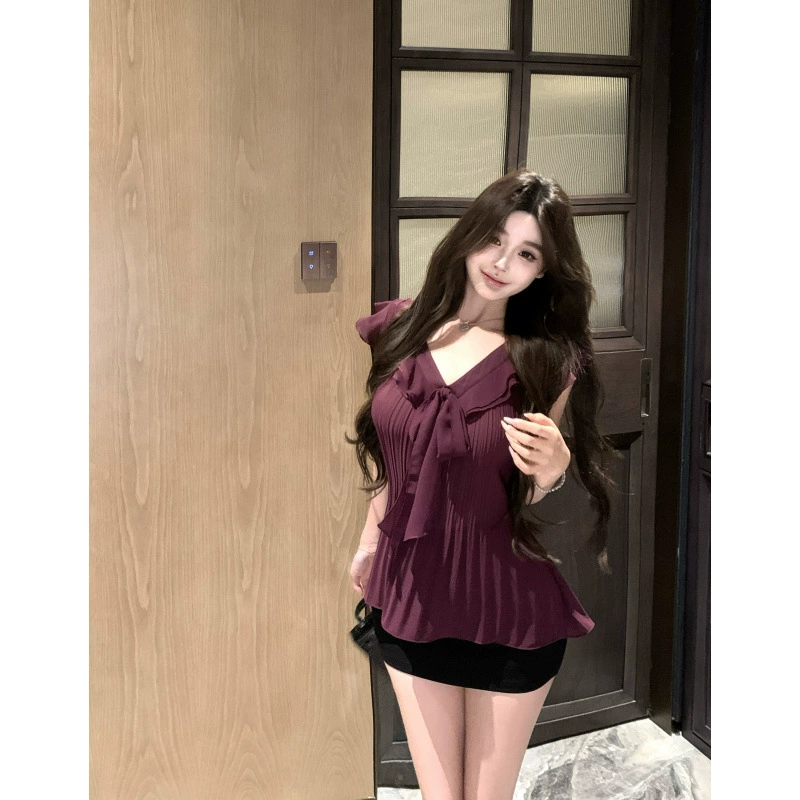 Фиолетовая женская шифоновая рубашка с рюшами, галстуком-бабочкой и уникальным плиссированным топом