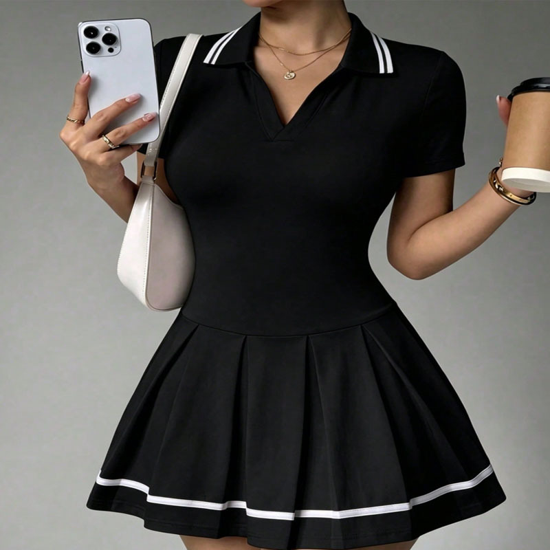 Tennis skirt sports dress for women, polo collar, anti-exposure shorts, color-blocking casual golf and badminton outfit