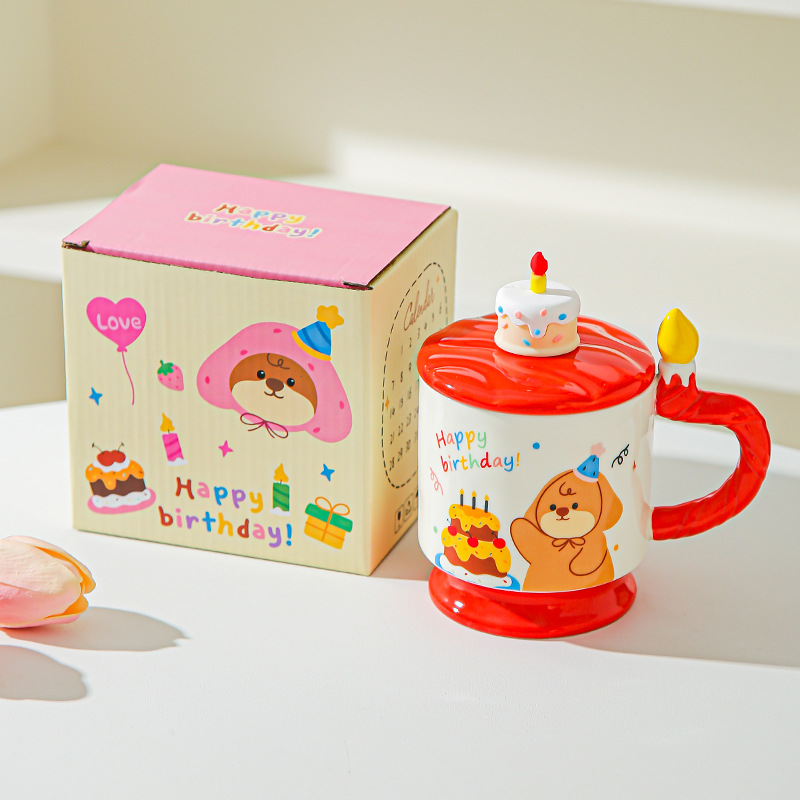 Bonita tarta de cumpleaños de dibujos animados taza de alto valor creativo regalo de cumpleaños de mano casero con taza de agua cubierta