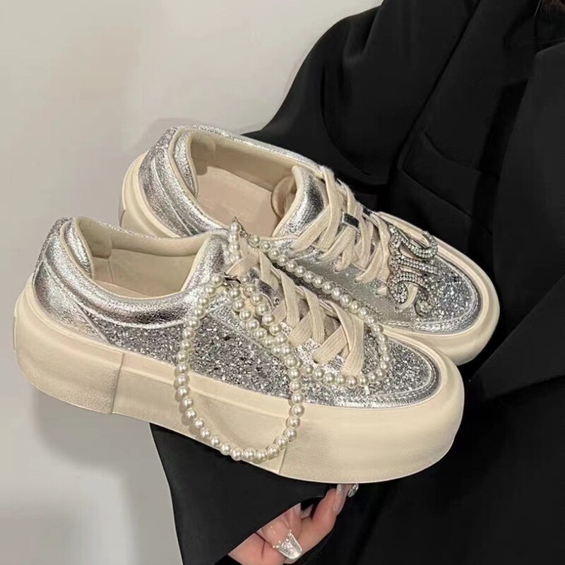 Rhinestone Casual Shoes for Women 2025 New Thick-Soled Shiny Diamond Distressed Shoes Casual Sneakers Versatile Women's Shoes