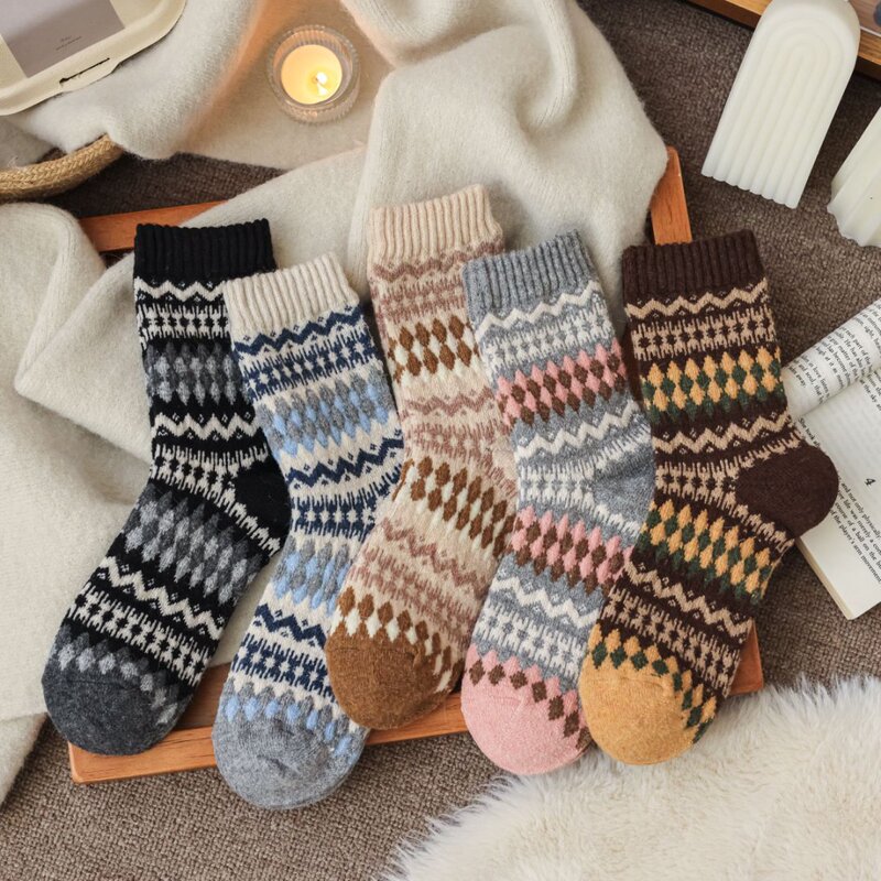 Nordic Fair Isle Argyle Autumn and Winter Warm Japanese Retro Ethnic Style Wool Socks Thick Slouch Socks Maternity Socks