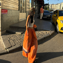 【纯棉华绵】美式潮牌字母印花橘色运动休闲裤女秋街舞垂感阔腿卫