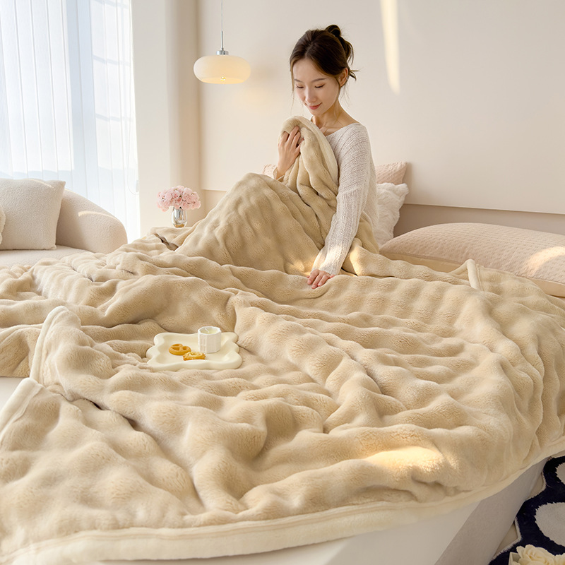 Nuevo producto exportación de comercio exterior Clase A madre e hijo conejo terciopelo gran burbuja franela leche terciopelo color sólido aire acondicionado manta para la siesta