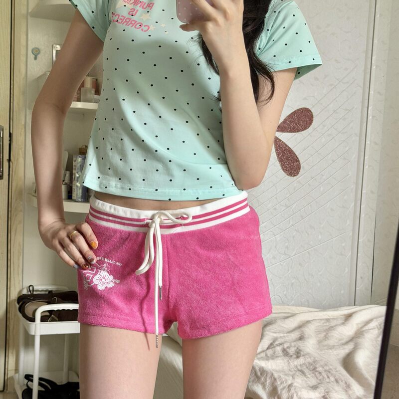 Dopamine Sports Casual Shorts for Women, Summer Thin Style, Hot Girl Towel Fabric Straight Drawstring Three-Point Beach Hot Pants Trendy