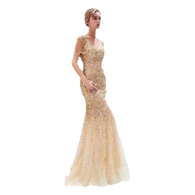 Vestido Largo Ajustado con Cola de Pez para Mujer, Estilo Europeo y Americano, Nuevo para Comercio Exterior 2025, Vestido Sexy con Mangas Raglán y Cuello en V con Adornos Dorados para eBay