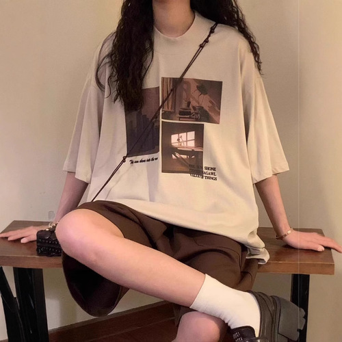 Summer Japanese retro personalized print fashion brand handsome white casual round collar short-sleeved T-shirt top for men and women inside