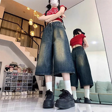 美式高街做旧阔腿七分牛仔裤女夏季新款高腰宽松显瘦复古直筒裤子
