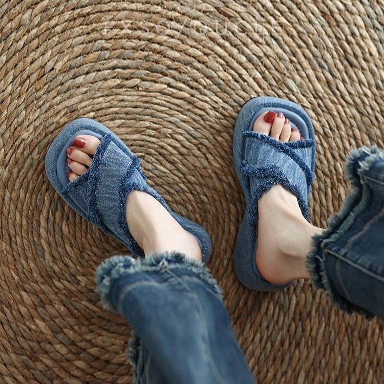 Design sense niche retro denim cross belt thick bottom slope heel sandals women summer casual beach slippers_voghion.com