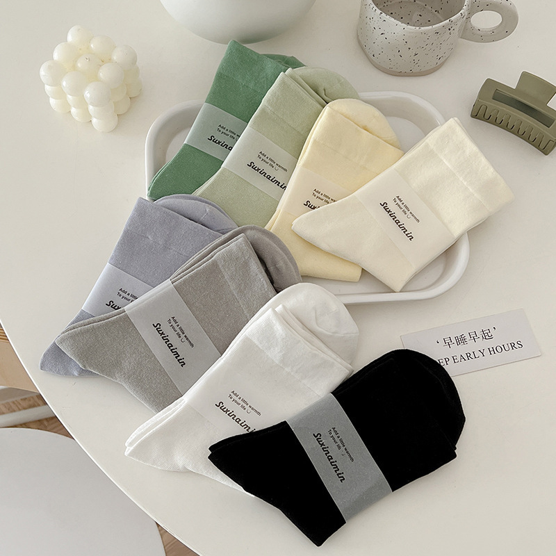 Women's Spring and Summer Pure Cotton Maternity Socks, Tiktok Popular Style, Mid-Calf Socks, Japanese Style, Versatile Solid Color, Sweat-Absorbent, Loose Cuff Slouch Socks