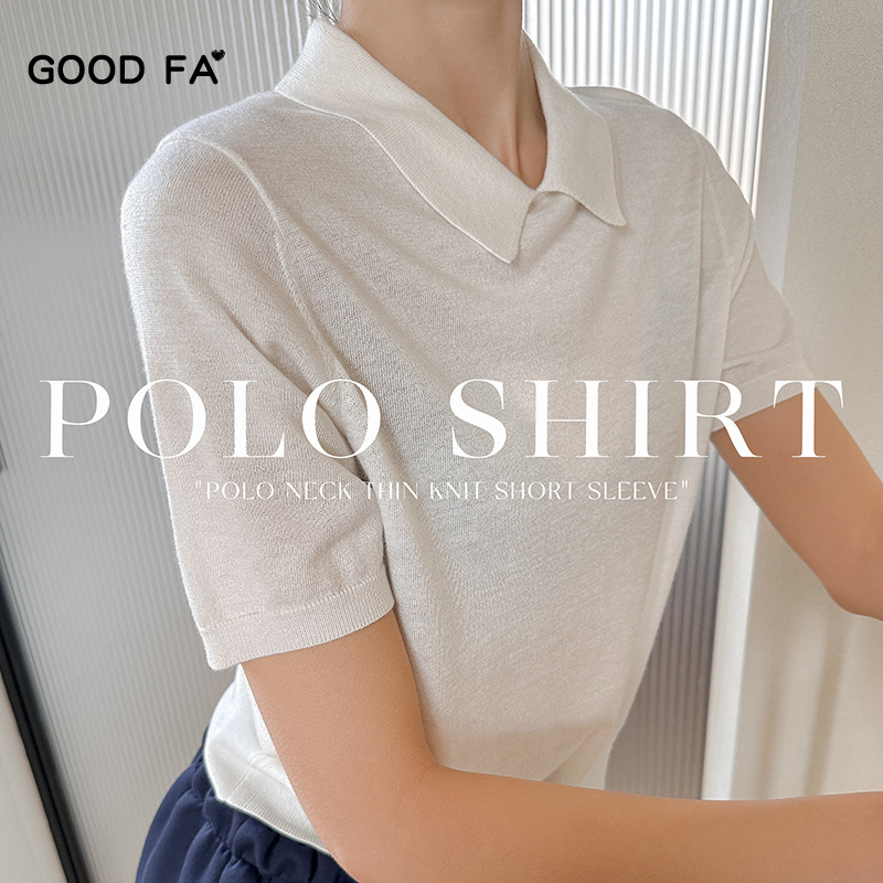 GOOD FA 2025 Spring and Summer Silk Wool Blend POLO Collar Thin Kefu Hem Knit Short Sleeve 25238
