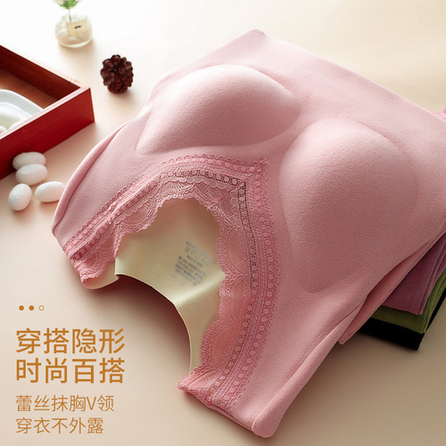 Autumn and winter hot German velvet long-sleeved thermal underwear for women Double-sided brushed seamless lace bottoming long-sleeved thermal top