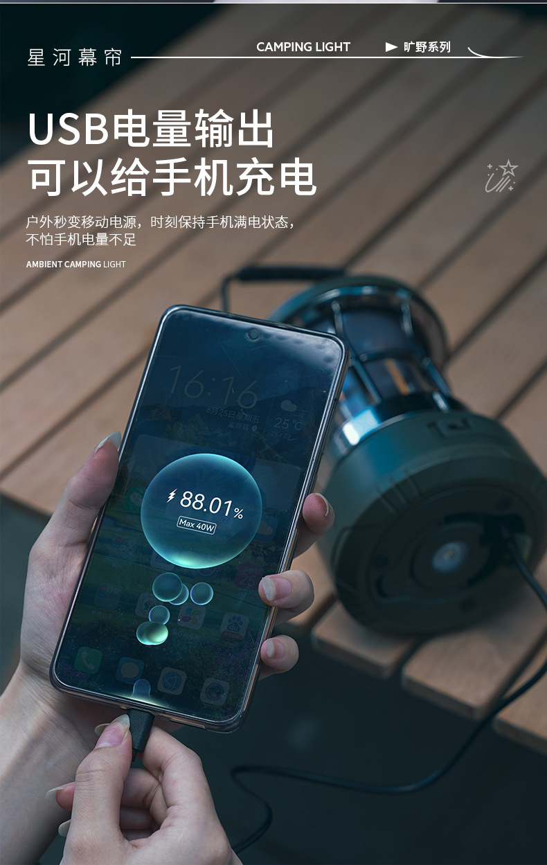 Cross-border retro-style portable outdoor camping lantern, rechargeable, for tents and campsites, with multi-functional, colorful LED strip lights for creating ambiance