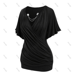 European and American plus size fashion elegant lettuce pleated chain decorative V-neck T-shirt