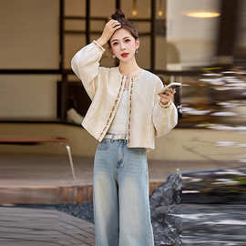 外套女2025春季订珠设计亚麻圆领百搭减龄上衣 WN1002新中式国风