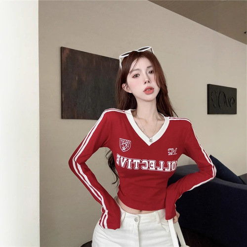 American-style sport striped long-sleeve t-shirt for women, early autumn wear, spicy girl V-neck short-sleeve padded shoulder top, slim-fitting base layer shirt for layering