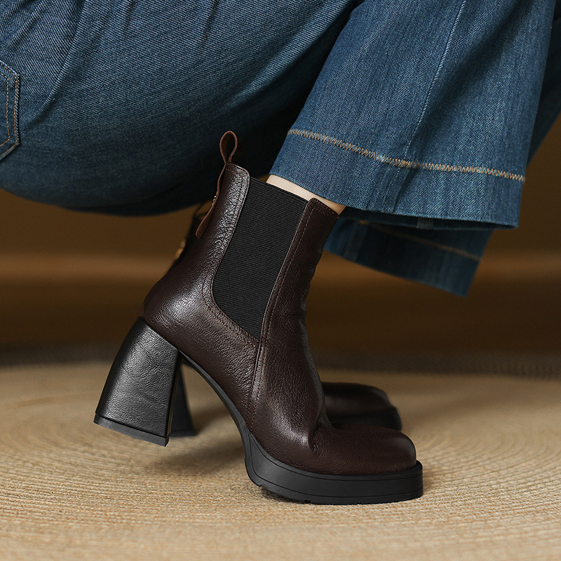 Boot Chelsea cổ ngắn mũi vuông da dê mềm, gót dày platform, phong cách cổ điển, dáng slip-on thu đông — nhung đen, Nhung nâu, Lớp lót đơn màu đen, Lớp lót đơn màu nâu