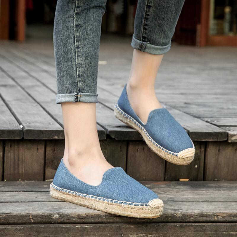 Straw-Woven Fisherman's Shoes for Women, Thick-Soled, Spring and Summer Casual Denim Slip-On Canvas Shoes for Women, Breathable, Height-Increasing, Lightweight