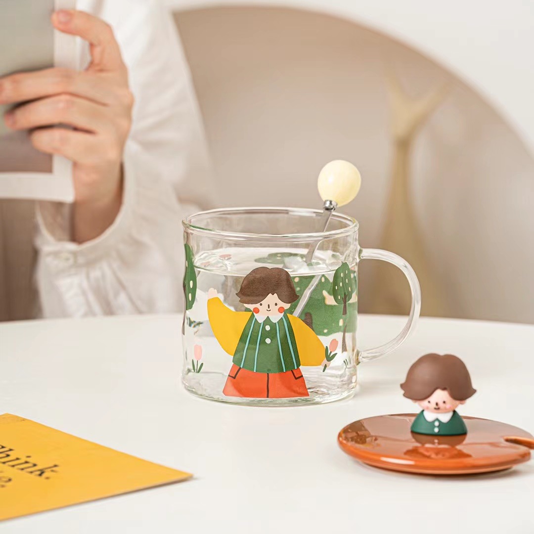 Personalidad creativa niño niña personaje de dibujos animados vidrio regalo lindo taza con tapa cuchara Oficina agua