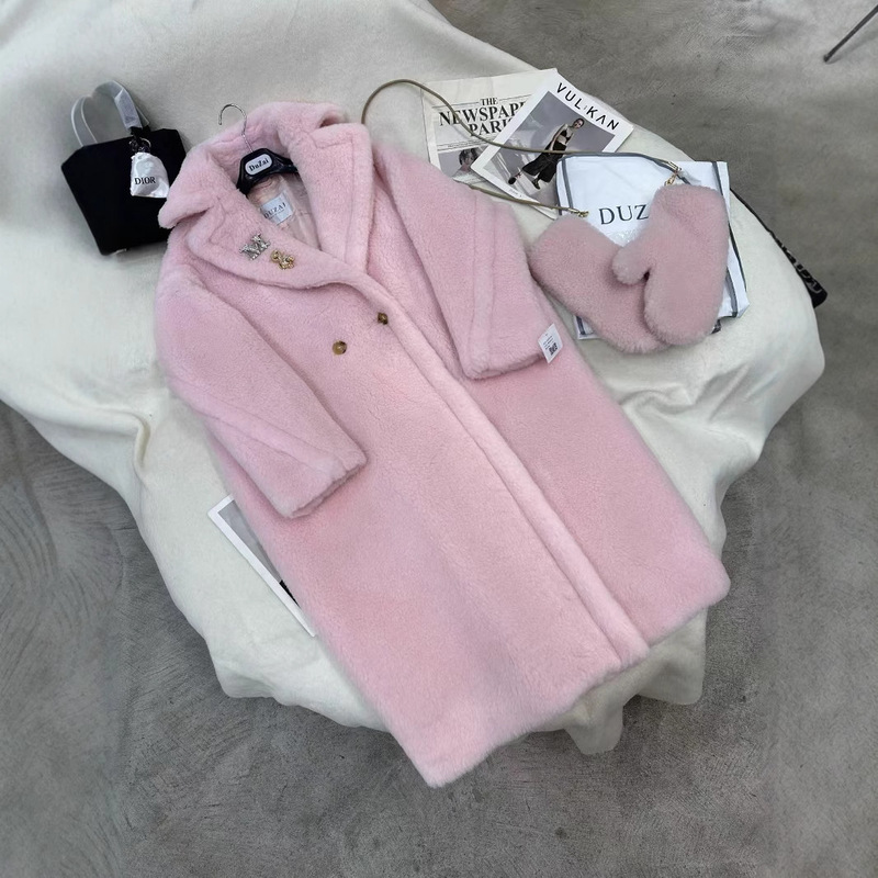2025 Winter New Double-Sided Camel Velvet Outwear Mid-Length Classy Cherry Blossom Pink Outwear Versatile Lapel for Women