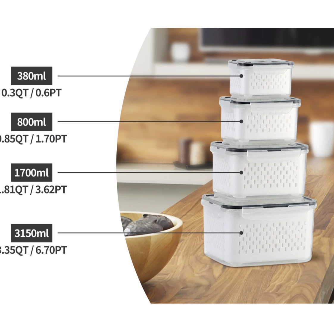 Double‑layer draining food storage box, transparent food‑grade, multiple sizes & sets