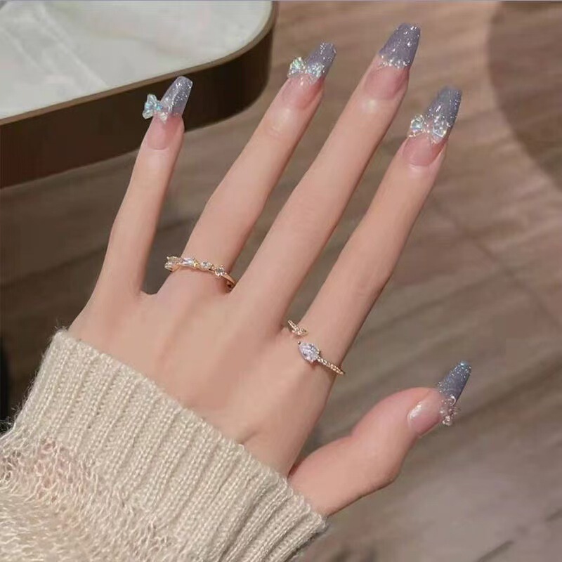 Wearable Nail Stickers with Blue Elf Bowknots and Sequins, Sweet Champagne Style, Student Fake Nail Patches, Exquisite Wearable Nail Stickers with Blue Elf Bowknots and Sequins, Sweet Champagne Style, Student Fake Nail Patches, Exquisite