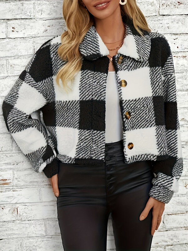 Long Sleeve Plaid Pattern Teddy Coat Versatile Winter跨境|undefined