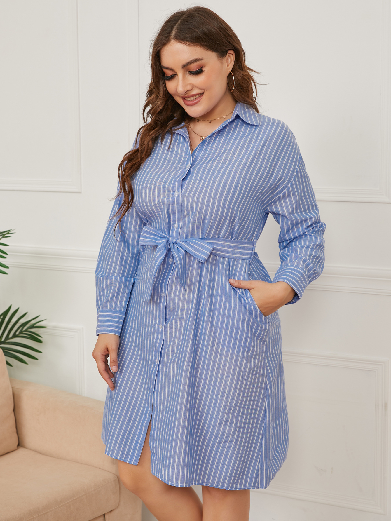 women s stripe-breasted long-sleeved shirt dress nihaostyles clothing wholesale NSCX72503