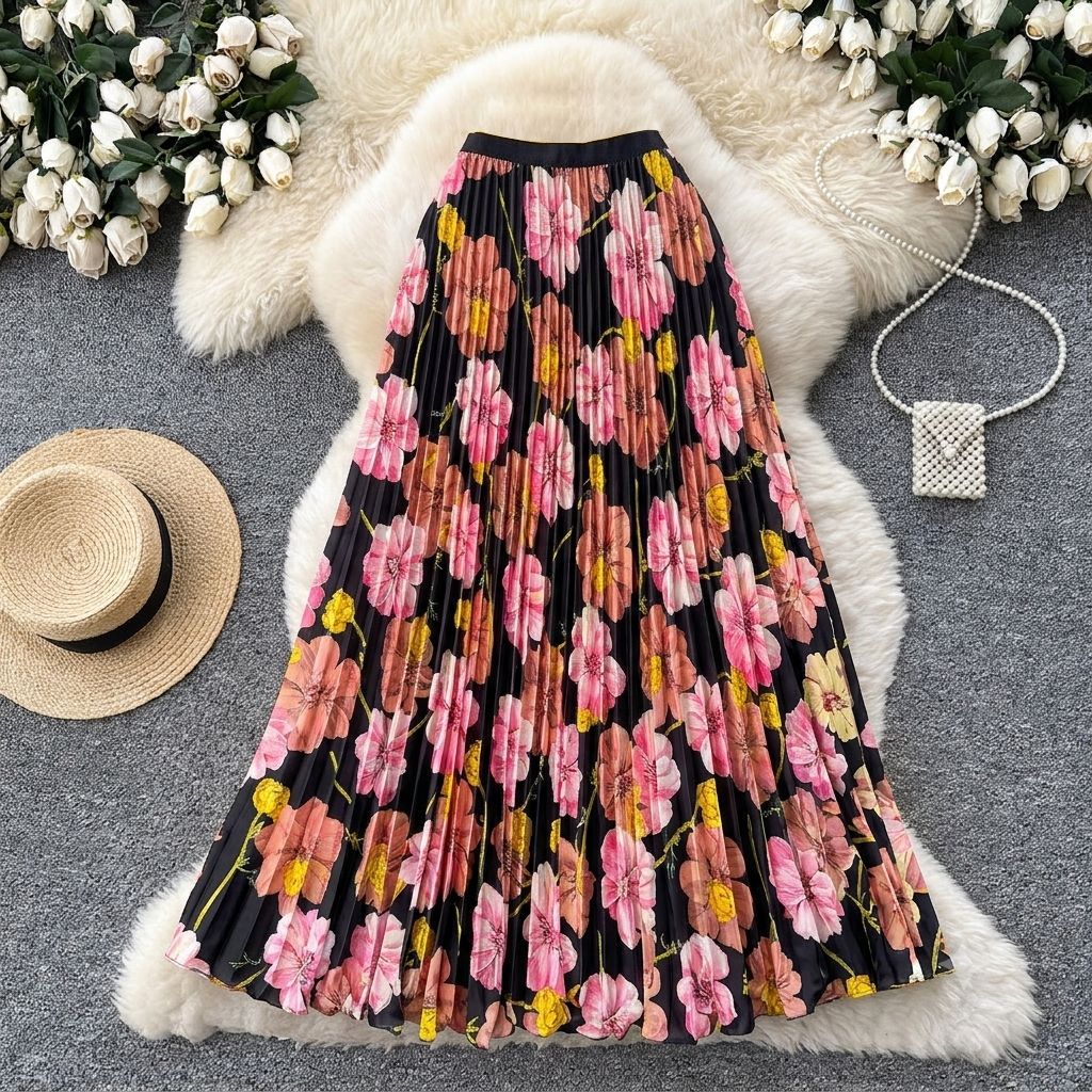 Women's Retro Print Pleated Skirt High Waist A-Line Midi Fashion Skirt for Commuting Summer Long Skirt European And American Style_ecoleips.com