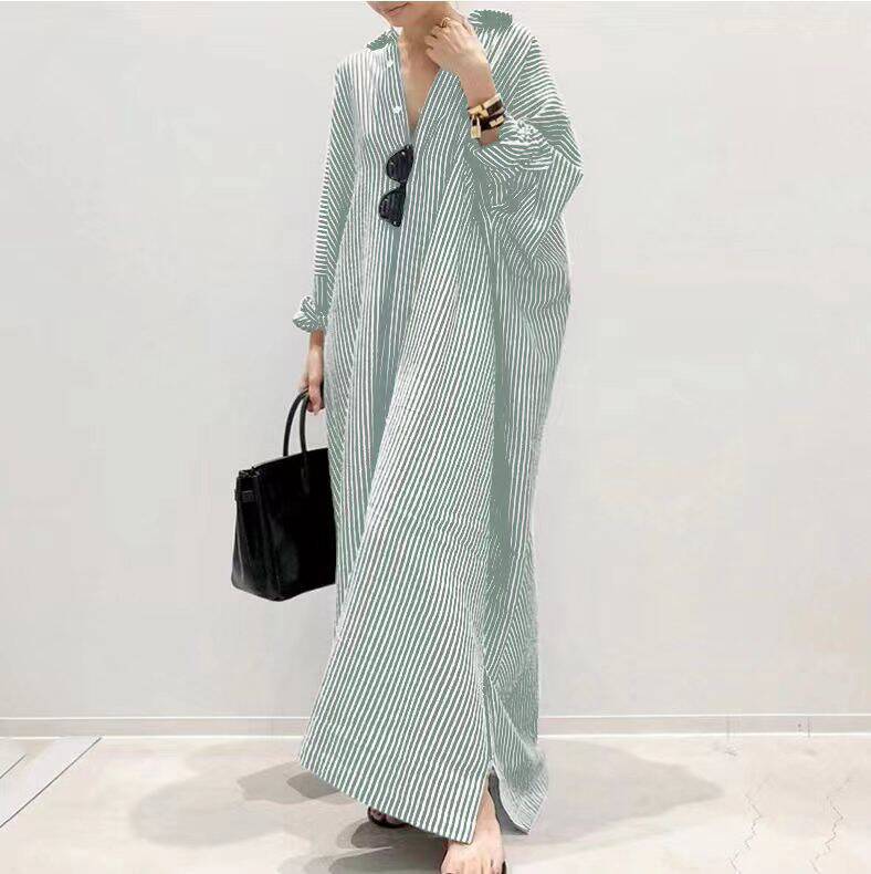 Cross-Border European And American New Plus Loose Striped Print Fashion Women's Clothing Large Size Long Dress Cardigan_ecoleips.com