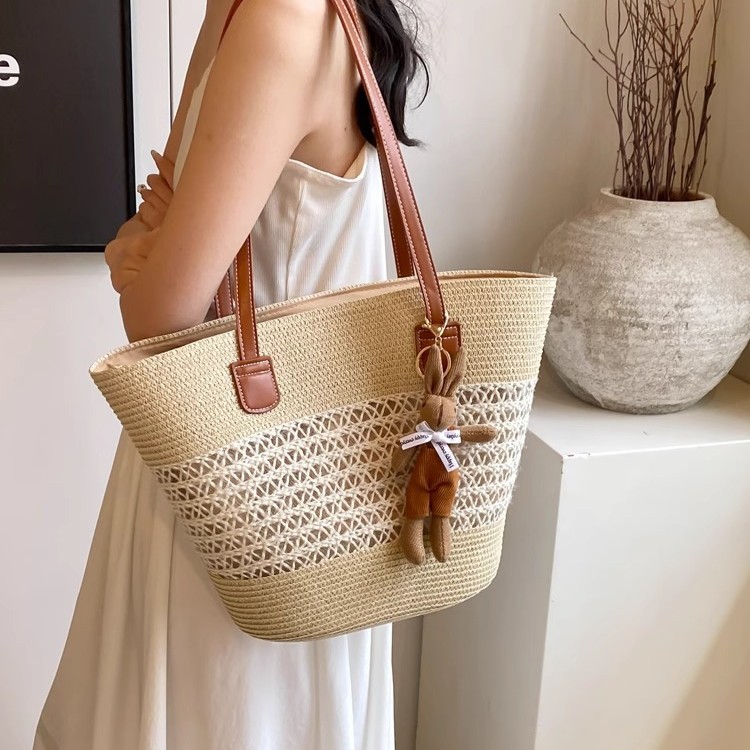 Summer Trendy Vacation Style Woven Straw Basket Bag For Women - Fashionable Versatile Shoulder Bucket Bag For Beach & Commuting