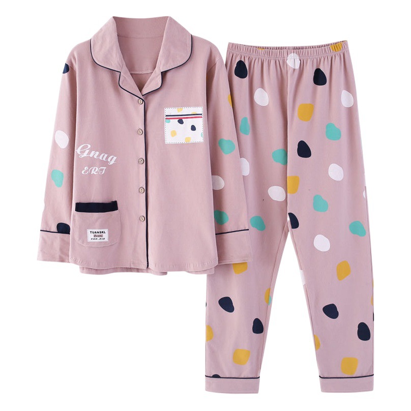 Pijamas de primavera y otoño de las mujeres más el tamaño % de algodón de manga larga traje de dos piezas Otoño e Invierno Delgado se puede usar fuera de casa