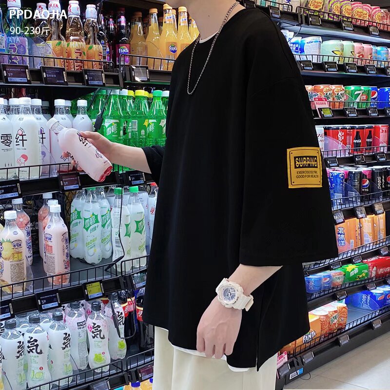 150kg Slit Three-Quarter Sleeve Men's T-Shirt Loose Trendy Brand Plus-Size Summer Stylish Half-Sleeve Clothing Student Versatile Short Sleeve