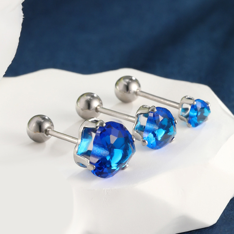 Pendientes de Gema artificial azul japonés y coreano personalidad de la moda pendientes de la gema de la hebilla del giro del tornillo del acero inoxidable de la joyería de Xupin