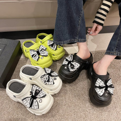 踩屎感洞洞鞋女款厚底6cm增高防滑沙灘拖鞋可愛蝴蝶結涼拖鞋夏季