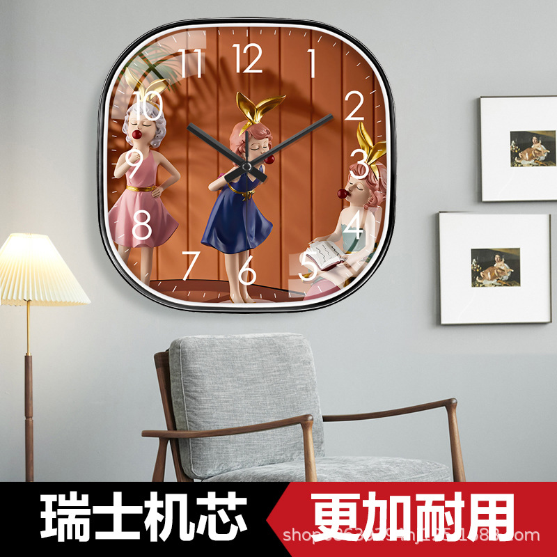 Cute Girl Living Room Wall Clock Hanging Wall Home Decoration Clock Restaurant Children's Room Radio Wave Clock Quartz Punch-Free