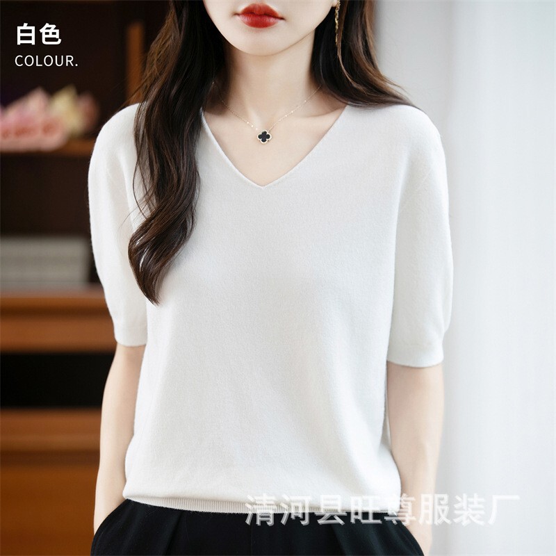 Women's Short-Sleeve Knit Top with V-Neck or Round Neck, Summer Loose Thin Style, Mid-Sleeve Loose Base Shirt, Half-Sleeve Women's Short-Sleeve Knit Top with V-Neck or Round Neck, Summer Loose Thin Style, Mid-Sleeve Loose Base Shirt, Half-Sleeve