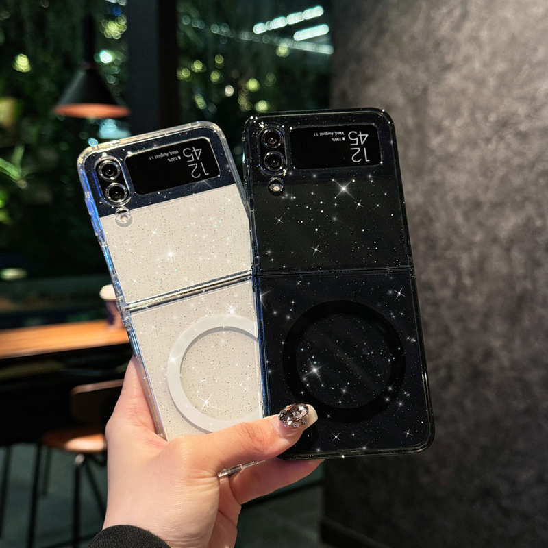 Suitable for Samsung Mobile Phone Case Zflip 30% off Foldable Screen Flip Magnetic Case Zfip3/4 Generation Transparent Glitter Powder Anti-Yellowing