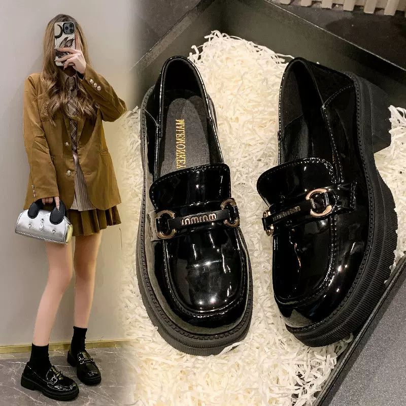 厚底增高乐福鞋女2025年春季新款一脚蹬英伦风小皮鞋配裙子JK单鞋