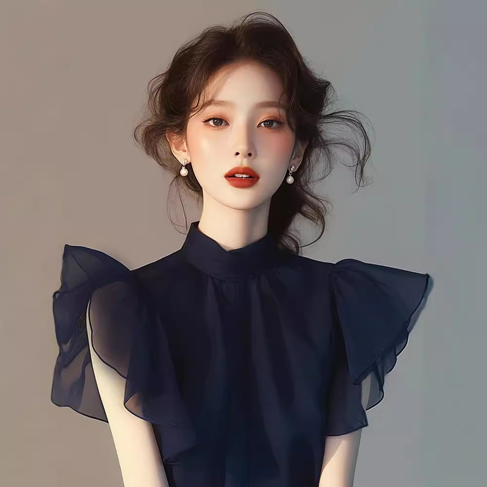 Áo sơ mi voan nữ tay bèo nhỏ màu xanh lam thanh lịch — Màu xanh lam